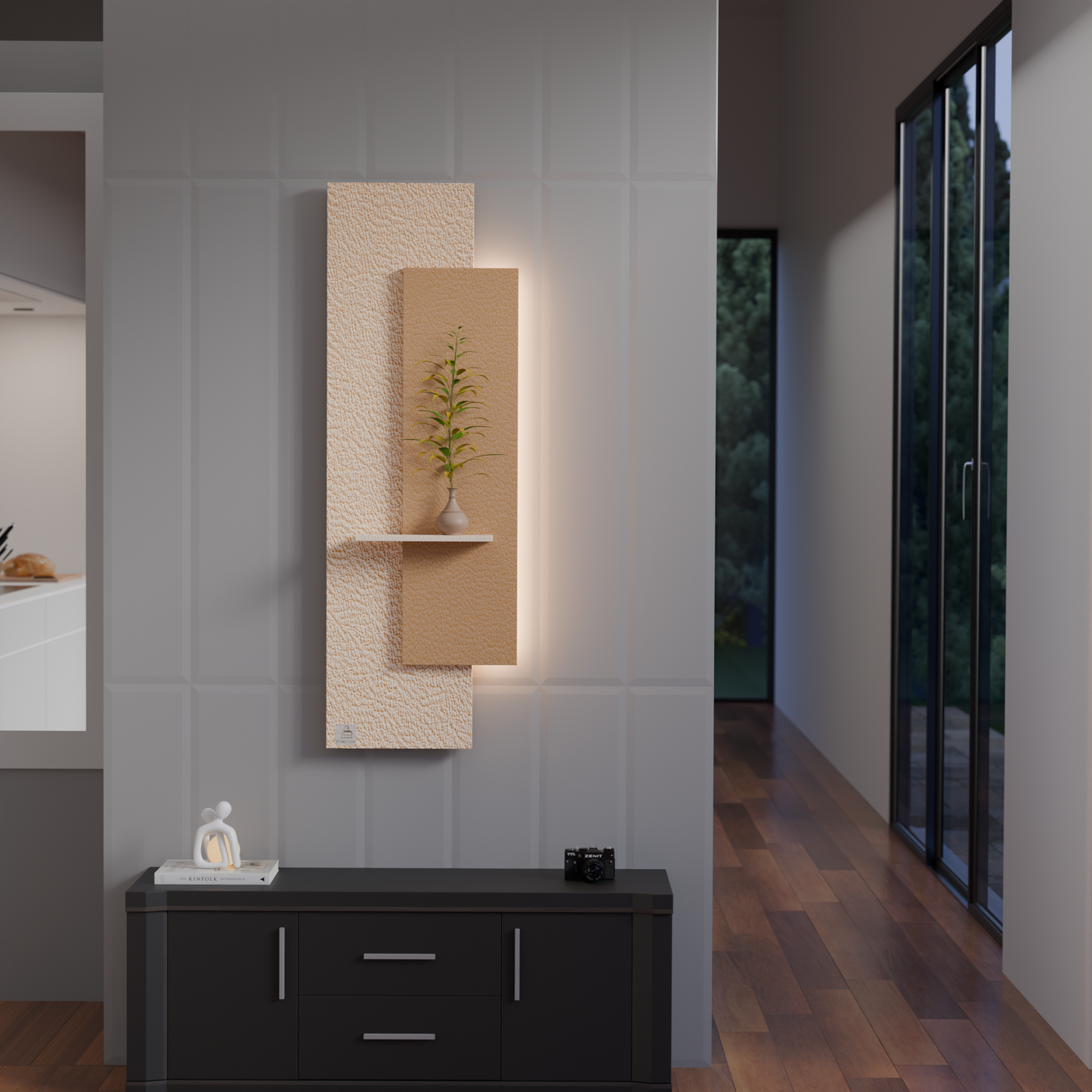 Modern LED Wall Light with Wooden Panel & Shelf