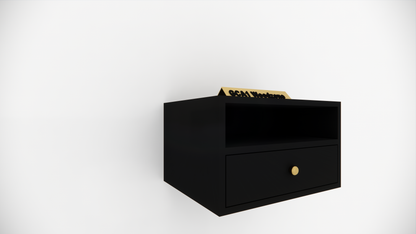 Modern Wall Mounted Wooden Bedside Table with Drawer & Open Shelf Storage