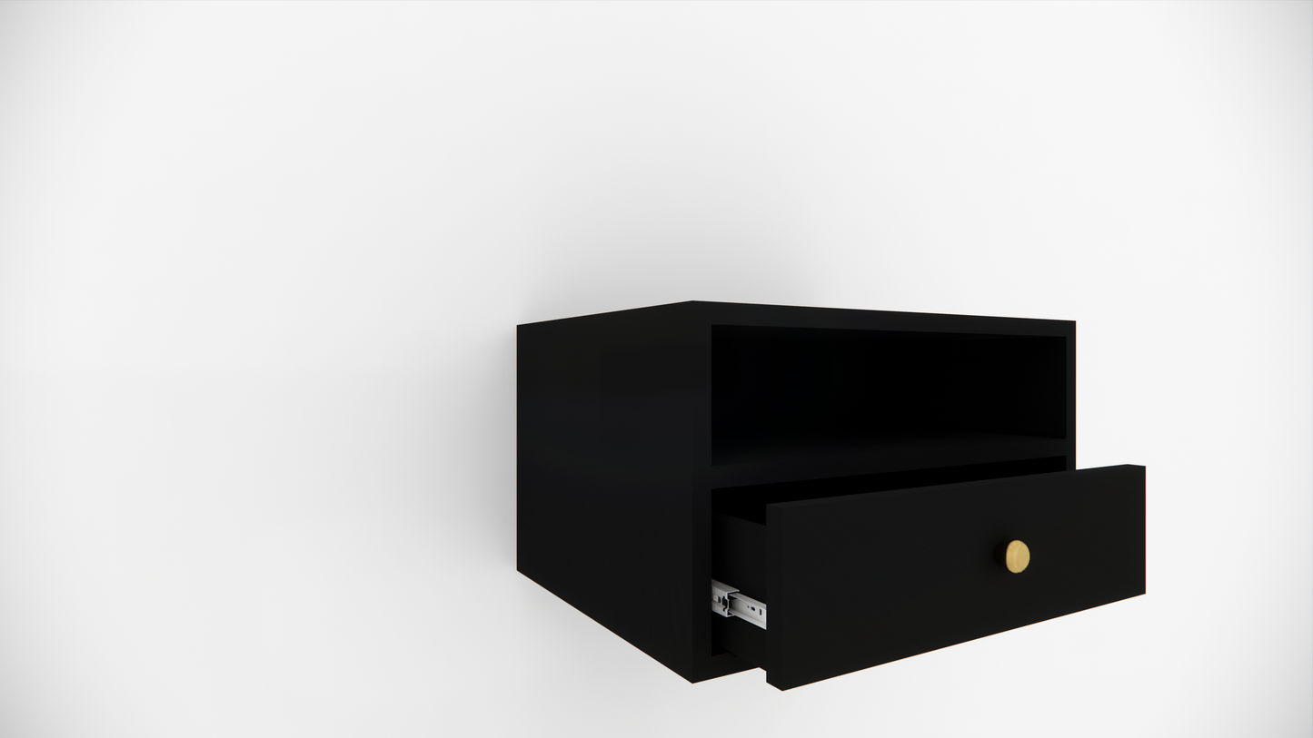 Modern Wall Mounted Wooden Bedside Table with Drawer & Open Shelf Storage