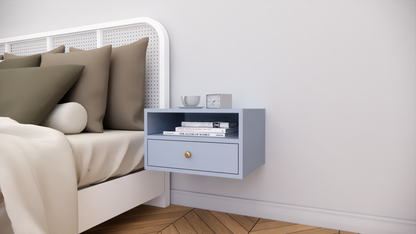 Modern Wall Mounted Wooden Bedside Table with Drawer & Open Shelf Storage