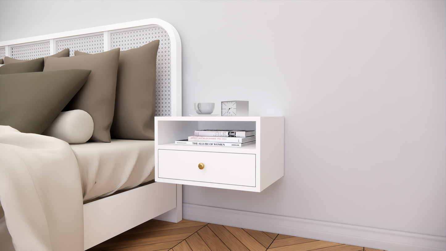 Modern Wall Mounted Wooden Bedside Table with Drawer & Open Shelf Storage