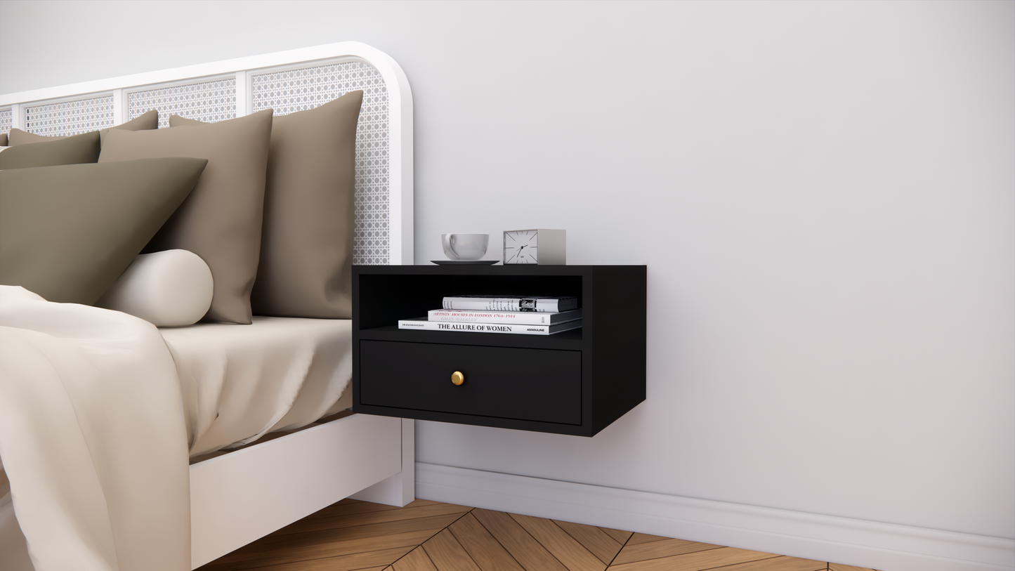Modern Wall Mounted Wooden Bedside Table with Drawer & Open Shelf Storage
