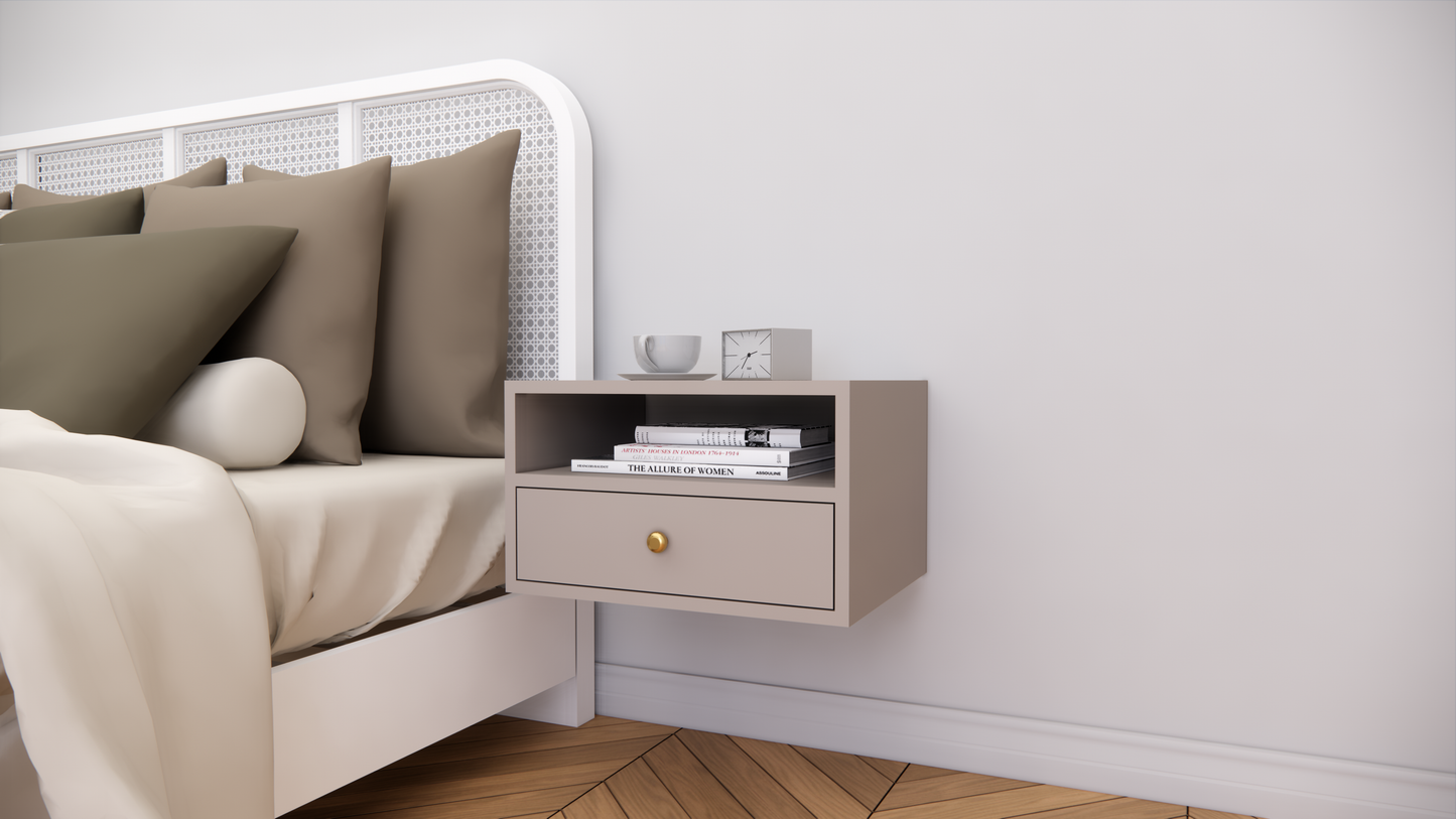 Modern Wall Mounted Wooden Bedside Table with Drawer & Open Shelf Storage