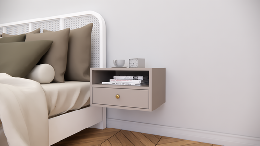 Modern Wall Mounted Wooden Bedside Table with Drawer & Open Shelf Storage